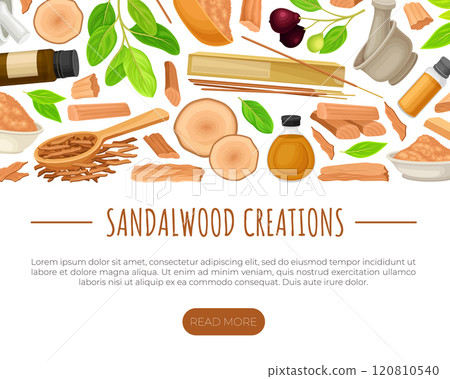 Sandalwood Banner Design with Fragrant Sticks and Essential Oil Vector Template 120810540