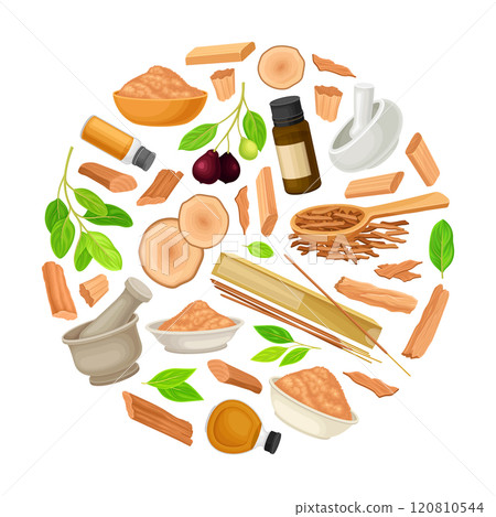 Sandalwood Round Composition Design with Fragrant Sticks and Essential Oil Vector Template 120810544