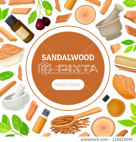 Sandalwood Banner Design with Fragrant Sticks and Essential Oil Vector Template 120810545