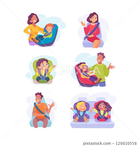 Little Boy and Girl on Seat with Safety Belt with Man and Woman Vector Illustration Set 120810558