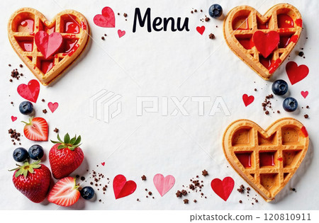 Top-down view of a banner with wrinkled white paper and free space with hearts, heart-shaped waffles, strawberries, blueberries, and chocolate crumbs on the edges 120810911