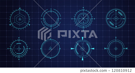 Hud aim pointer optical target, Futuristic focus range indicators, laser crosshair collimator sight. Measurement sniper for sniper gun. Game interface design ui element 120810912