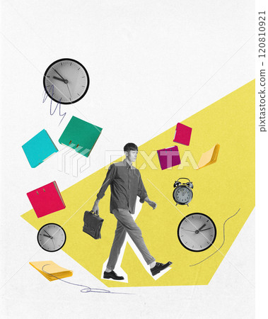 Man walking among floating clocks and folders, symbolizing productivity, time management, and organization. Contemporary art collage. Man walking among floating clocks and folders, symbolizing productivity, time management, and organization. Contemporary art collage. 120810921