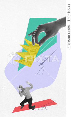 Hand with crown reaching down toward man, representing external pressure, control. Avoiding responsibility. Contemporary art collage. 120810933