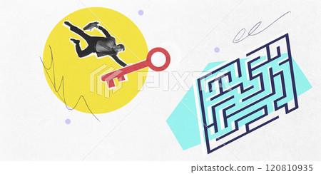 Businessman holding key leaping towards maze, symbolizing problem-solving, challenges, and success. Contemporary art collage. 120810935