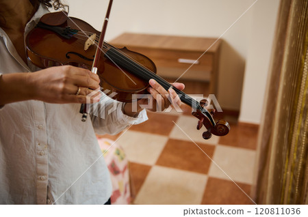 Close-up of person playing a violin with focus on hands and instrument 120811036