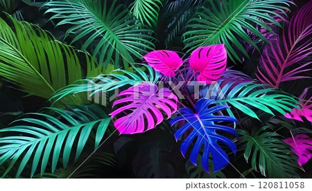 tropical leaves illuminated with neon colors in a dark setting, banner tropical leaves illuminated with neon colors in a dark setting, banner 120811058
