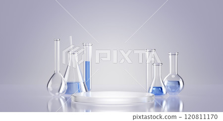 3d render lab glassware with blue liquid and podium. Clear laboratory equipment setting for scientific experiments. Beakers and flasks with glass product platform for chemistry or cosmetology. 3d render lab glassware with blue liquid and podium. Clear laboratory equipment setting for scientific experiments. Beakers and flasks with glass product platform for chemistry or cosmetology. 120811170