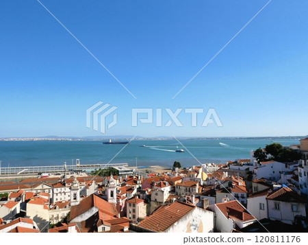 Alfama cityscape and the Atlantic Ocean, Lisbon, Portugal Alfama cityscape and the Atlantic Ocean, Lisbon, Portugal 120811176