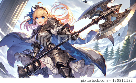 Illustration of a blonde female warrior embarking on an epic adventure Illustration of a blonde female warrior embarking on an epic adventure 120811182