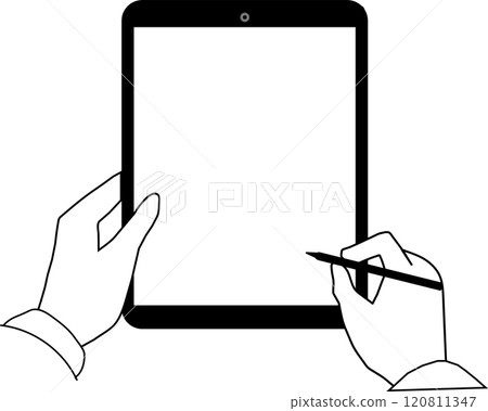 Hand-drawn illustration of taking notes on a tablet device Hand-drawn illustration of taking notes on a tablet device 120811347
