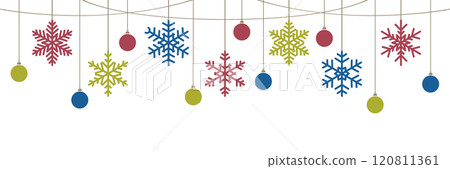 christmas greeting banner with hanging snowflakes vector illustration 120811361