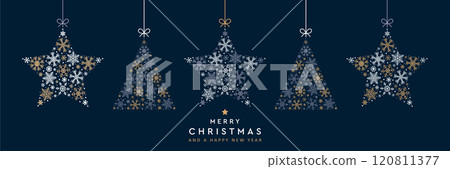 christmas greeting card with hanging snowflake fir tree and star decoration vector illustration christmas greeting card with hanging snowflake fir tree and star decoration vector illustration 120811377