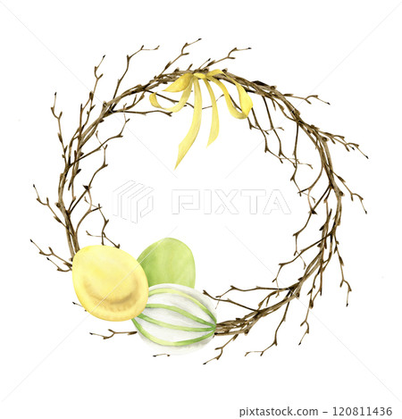 Easter floral wreath with colorful eggs, yellow bow and branches watercolor illustration. Hand drawn springtime round frame, festive clipart for invitation, greeting card, poster design Easter floral wreath with colorful eggs, yellow bow and branches watercolor illustration. Hand drawn springtime round frame, festive clipart for invitation, greeting card, poster design 120811436