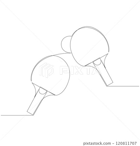 Two ping-pong rackets and a ball one line drawing. Table tennis sport game drawn with single continuous line. Vector illustration, editable stroke. Two ping-pong rackets and a ball one line drawing. Table tennis sport game drawn with single continuous line. Vector illustration, editable stroke. 120811707