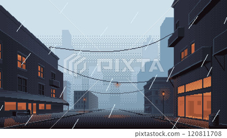 Pixel art City street with buildings and empty road in rainy weather. Vector cartoon cityscape with glowing windows of shop or cafe in evening with rain. Retro video-game style. Pixel art City street with buildings and empty road in rainy weather. Vector cartoon cityscape with glowing windows of shop or cafe in evening with rain. Retro video-game style. 120811708