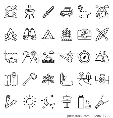 Camping icon set. Outdoor recreation activity vector line icons collection, editable stroke. 120811709