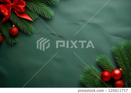 Christmas composition. Christmas fir tree branches on green background. Flat lay, top view. Copy space.  Generative AI Christmas composition. Christmas fir tree branches on green background. Flat lay, top view. Copy space.  Generative AI 120811757