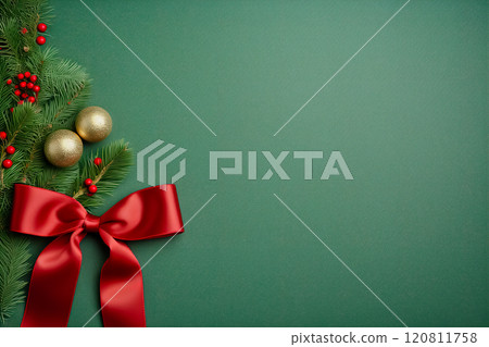 Christmas composition. Christmas fir tree branches on green background. Flat lay, top view. Copy space.  Generative AI Christmas composition. Christmas fir tree branches on green background. Flat lay, top view. Copy space.  Generative AI 120811758