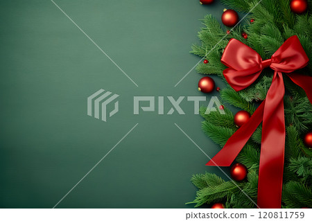 Christmas composition. Christmas fir tree branches on green background. Flat lay, top view. Copy space.  Generative AI Christmas composition. Christmas fir tree branches on green background. Flat lay, top view. Copy space.  Generative AI 120811759