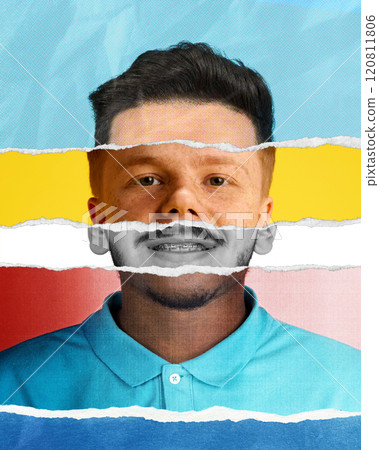 Modern torn paper collage made of different men face pats, creating abstract multiracial portrait of man against colorful background. 120811806