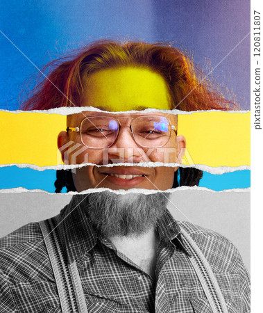 Vibrant torn paper collage made of different men face parts, creating abstract male multiethnic portrait on colorful backgrounds. 120811807