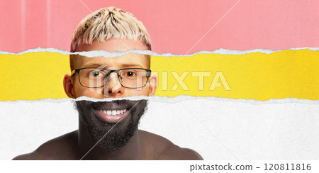 Creative collage made of different male face parts, creating portrait of man with beard, multicolor backgrounds Creative collage made of different male face parts, creating portrait of man with beard, multicolor backgrounds 120811816