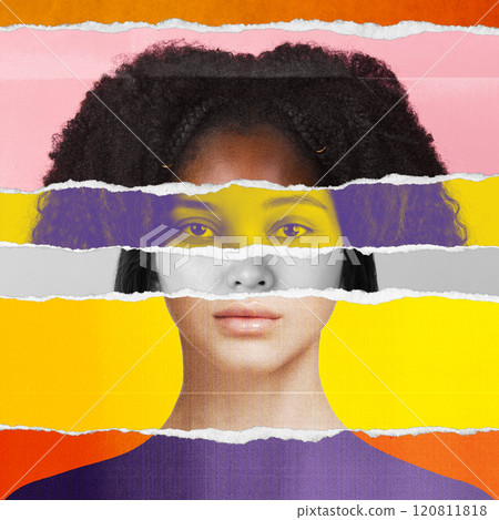 Layered torn paper collage made of different women face parts, creating portrait of woman. Multiethnic beauty standards Layered torn paper collage made of different women face parts, creating portrait of woman. Multiethnic beauty standards 120811818