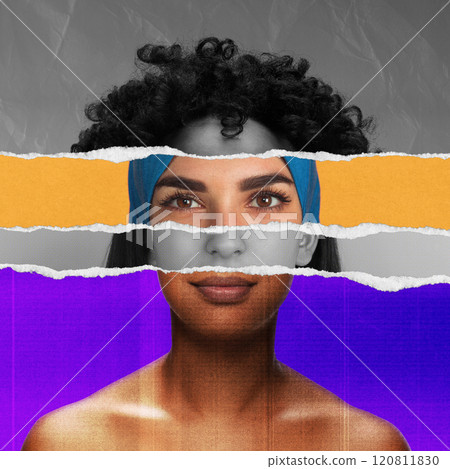 Striking torn paper collage made of different women face parts, creating portrait of young woman with curly hair. Confidence and multicultural beauty 120811830