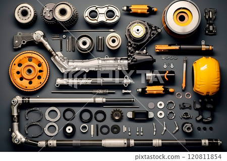 Set of auto spare parts. Top view. Generative AI. Set of auto spare parts. Top view. Generative AI. 120811854