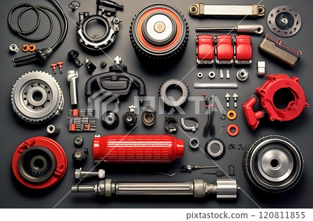Set of auto spare parts. Top view. Generative AI. 120811855