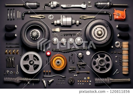 Set of auto spare parts. Top view. Generative AI. Set of auto spare parts. Top view. Generative AI. 120811856