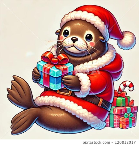 一個非常可愛的野鼬鼠聖誕老人拿著禮物。 一個非常可愛的野鼬鼠聖誕老人拿著禮物。 120812017