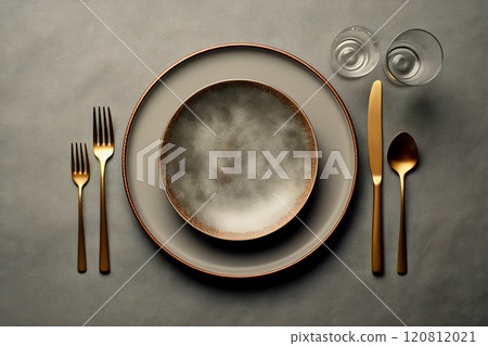 Elegant plate with knife and fork and spoon on grey background. Top view. Generative ai. 120812021