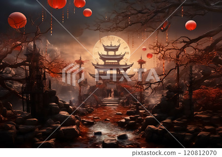 A traditional Chinese pagoda adorned with vibrant red lanterns casts. Generative ai. 120812070