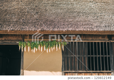 茅草屋簷下曬乾的蘿蔔 120812149