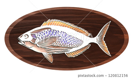 Wood painting cut-out illustration of Gurukun, a fish eaten in Okinawa 120812156