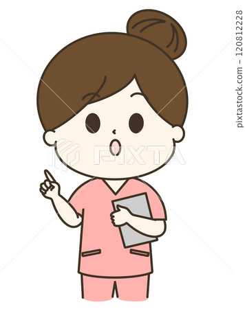 A cute and relaxed illustration of a woman in a scrub pointing and explaining something A cute and relaxed illustration of a woman in a scrub pointing and explaining something 120812228