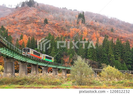 Tadami Line "Train running over Kanatsugawa Bridge" with autumn foliage in the background 120812232