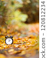 Autumn time or Fall time concept. Vintage Alarm clock black color in the autumn background. 120812234