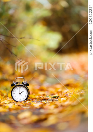 Autumn time or Fall time concept. Vintage Alarm clock black color in the autumn background. 120812234