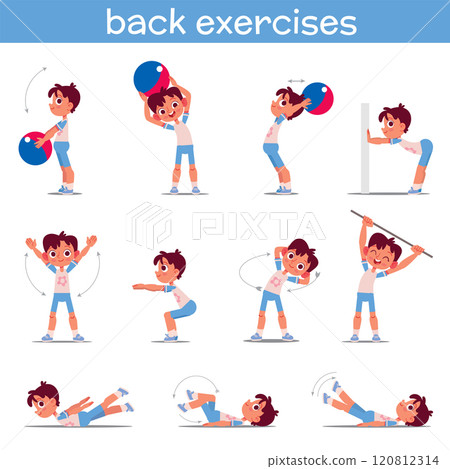 Back exercises. The little boy is exercising. Physical exercises for good posture Back exercises. The little boy is exercising. Physical exercises for good posture 120812314