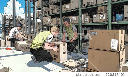 人們在倉庫進行送貨工作 120812401