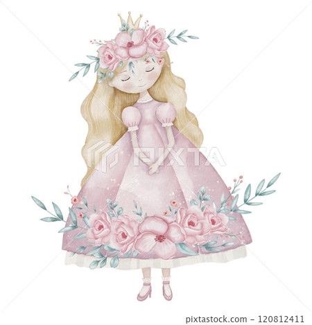 Watercolor Princess with flowers in a pink... - Stock Illustration  [120812411] - PIXTA