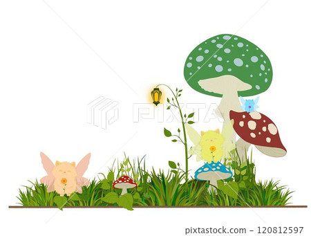 A magical illustration of a vibrant forest scene featuring playful fairies with delicate wings, nestled among colorful mushrooms and lush grass.  120812597