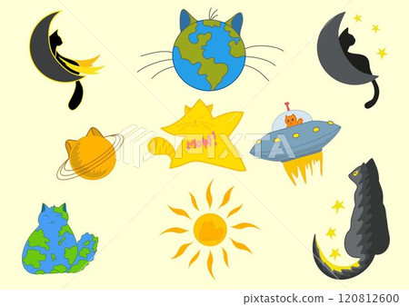 abstract drawing of cats in space style, cats in the form of planets, astronauts 120812600
