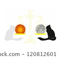 light dark cat at the scales with the earth and the sun, balance in the world blogging with a cat 120812601