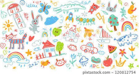Hand drawn doodle sketch children. Set of baby scribbles. Repeating seamless pattern Hand drawn doodle sketch children. Set of baby scribbles. Repeating seamless pattern 120812754