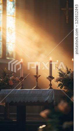 An Elegant Church Altar adorned with Candles and a Beautiful Floral Arrangement enhancing the sacred space 120812843