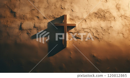 Cross-shaped shadow cast on a wall, concept of constant presence of faith. 120812865